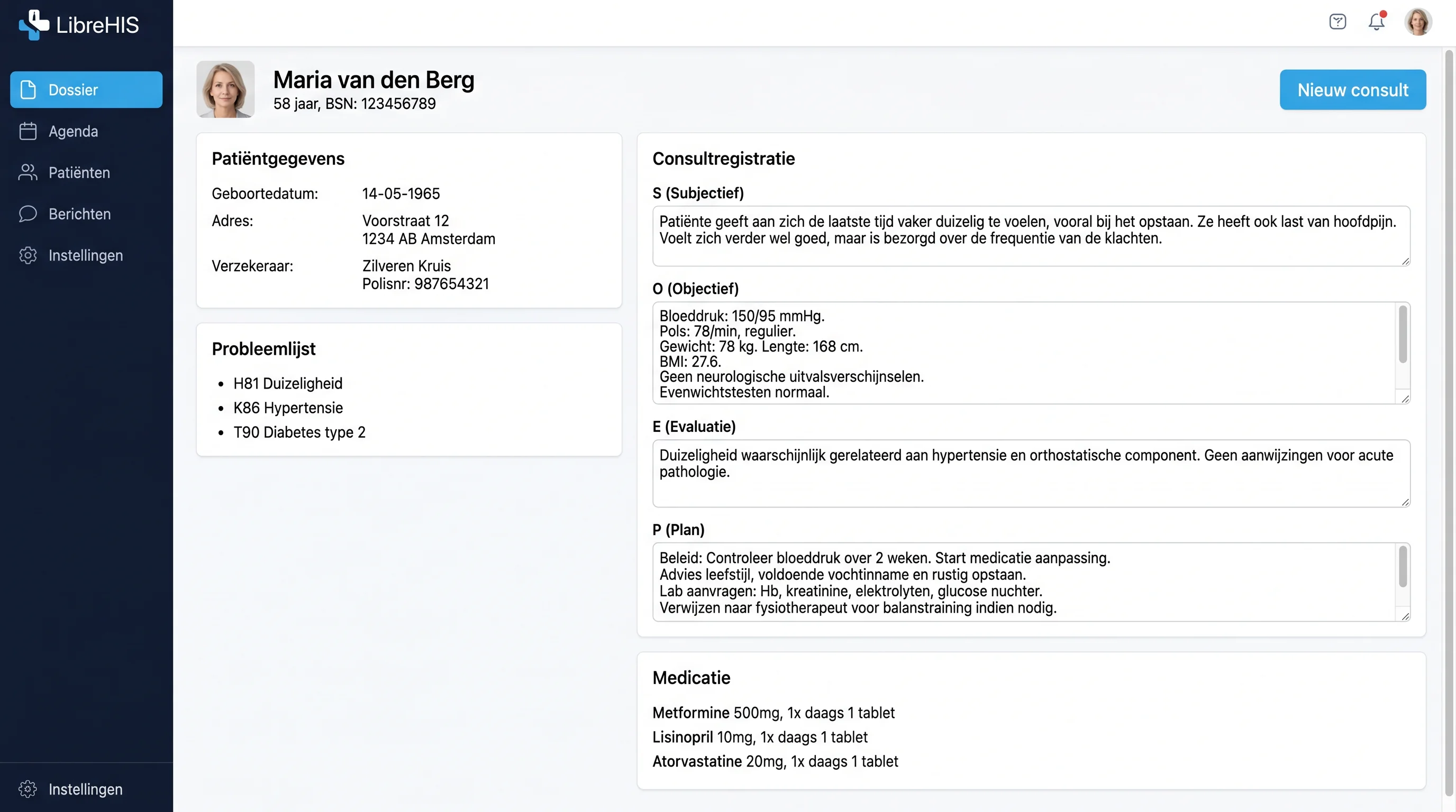 LibreHIS Klinisch dossier: SOEP-registratie met ICPC-2 codering en medicatieoverzicht
